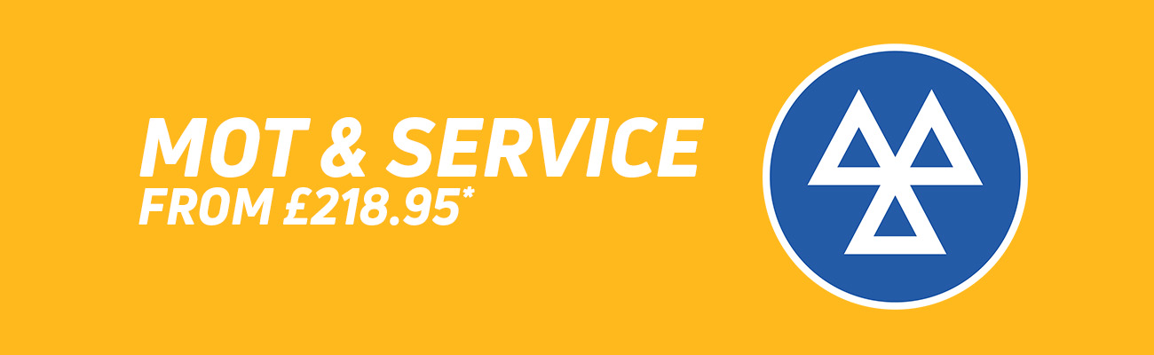 A yellow background with the MOT icon with text reading MOT & Service from £217.95*
