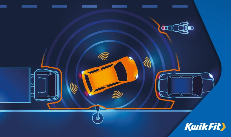 Concept art of a car parking using assisted driving technology � the sensors measure distance to the vehicles in front and behind, as well as oncoming traffic, to ensure safe parallel parking.